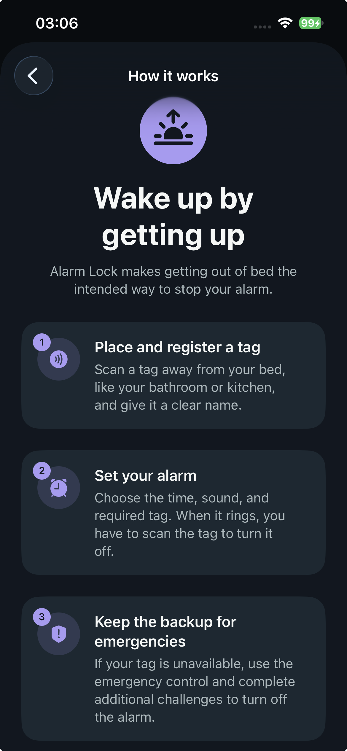 Alarm Lock scherm met uitleg over het instellen van een NFC-tag en wekker